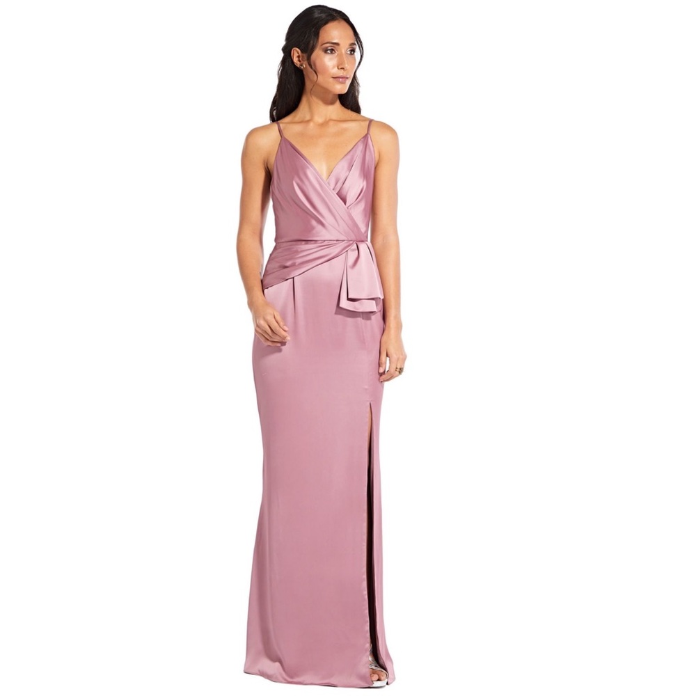 ADRIANNA PAPELL Satin Faux Wrap Mermaid Gown Dusty Rose Mauve Evening Dress